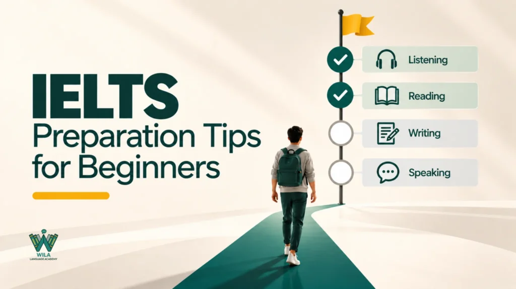 An infographic outlining beginner-friendly tips for effective IELTS preparation, including study techniques and exam strategies.