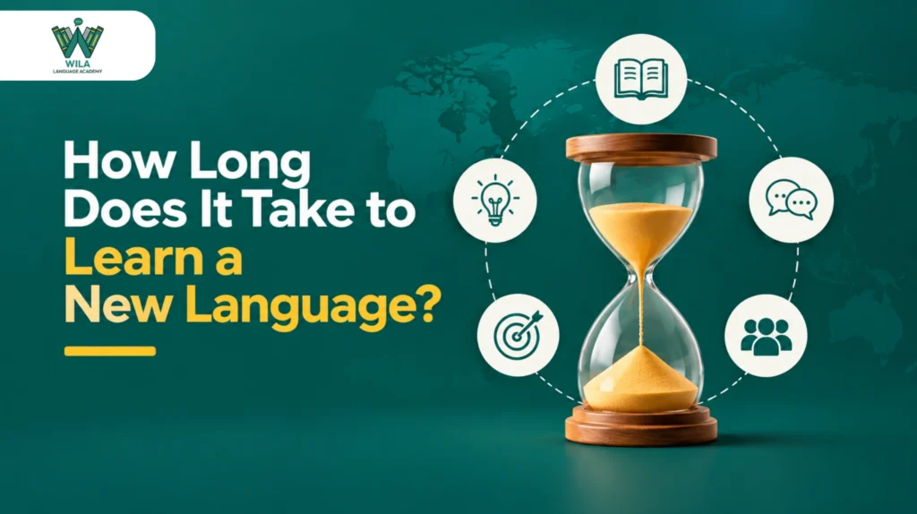 Learn a language concept showing language skills, communication, vocabulary development, and global learning opportunities