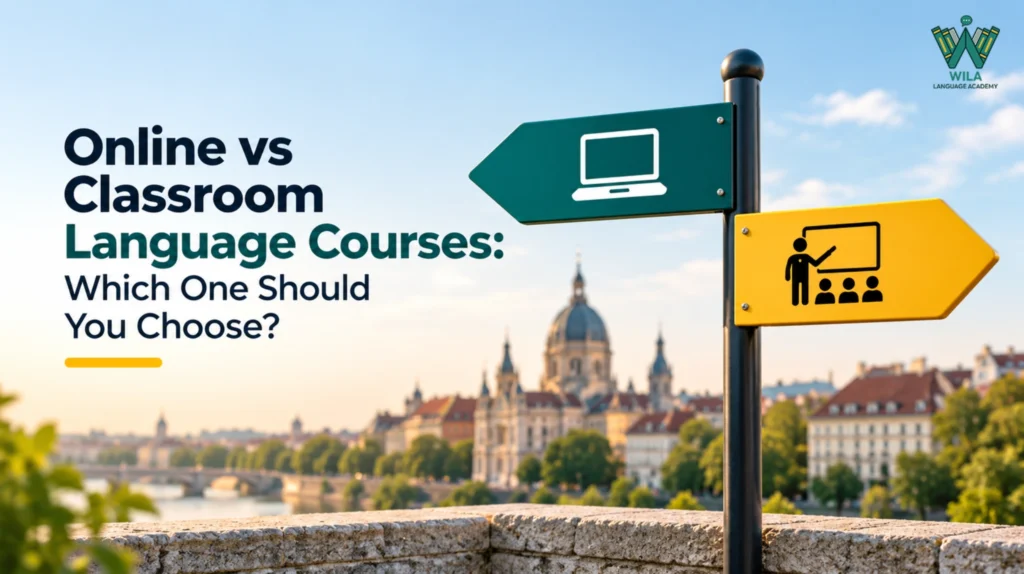 Online language course with live instructor-led classes, speaking practice, flexible learning, and digital resources