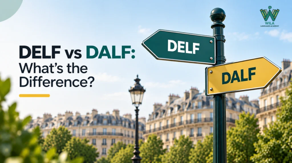 DELF vs DALF French language exams comparison showing proficiency levels, certification paths, and language learning goals