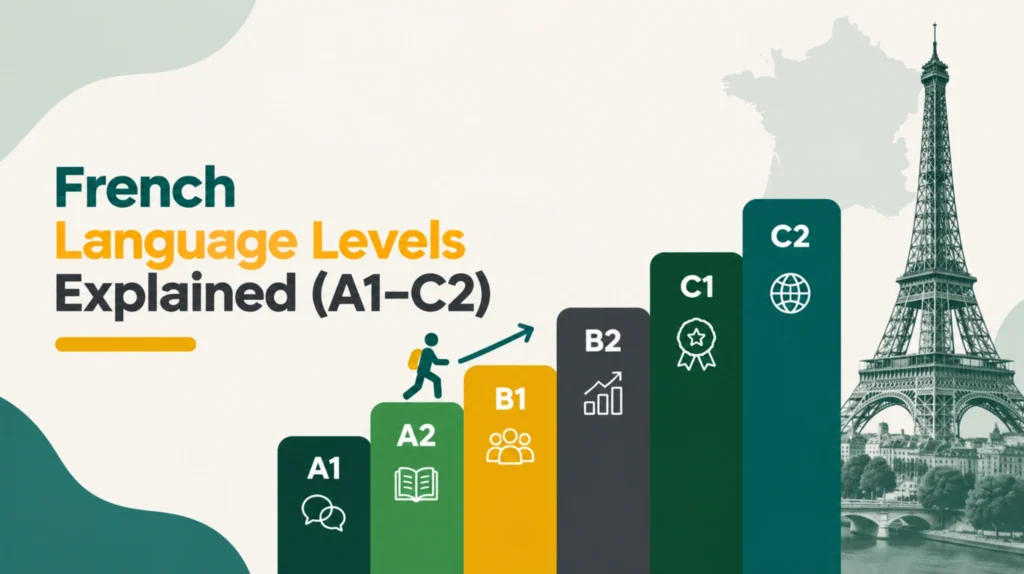 French Language Levels A1 to C2 showing CEFR proficiency stages for speaking, listening, reading, and writing skills
