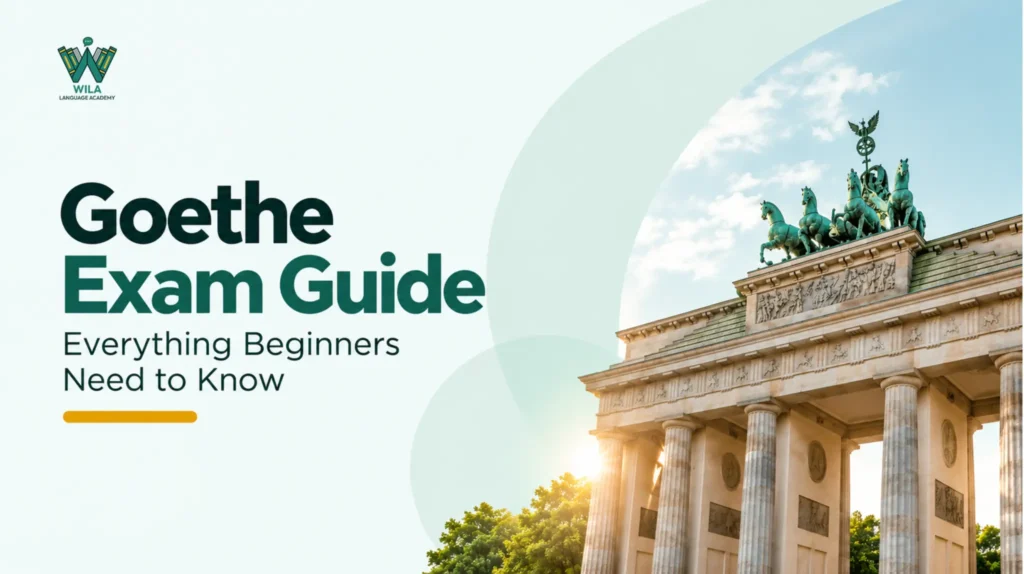 Goethe Exam preparation showing German language proficiency levels, certification, and test structure
