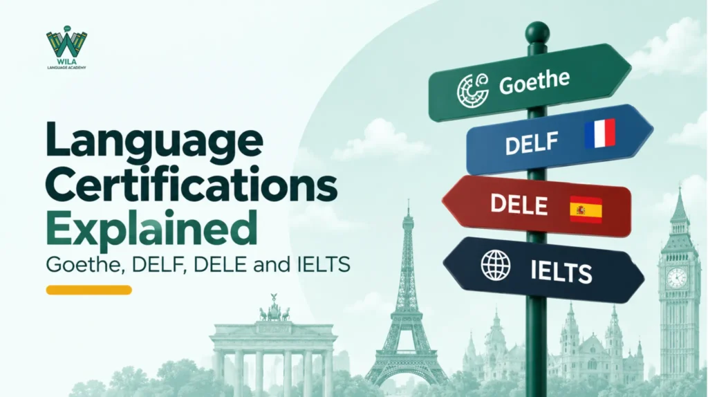 Language certifications including Goethe, DELF, DELE, and IELTS for proving language proficiency